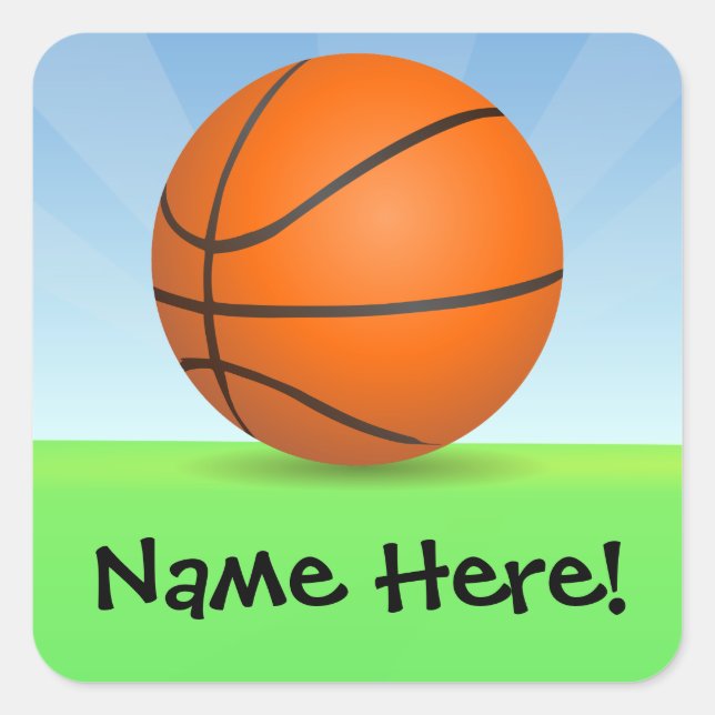 Personalised Kid's Sports Basketball Sunny Day Square Sticker (Front)