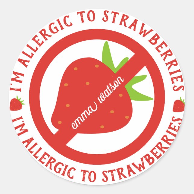 Personalised Kids Strawberry Allergy Alert Classic Round Sticker (Front)