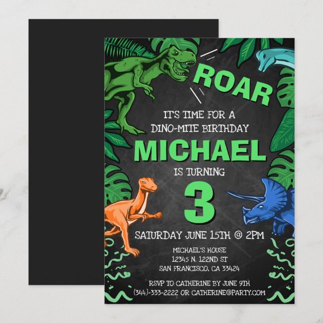Personalised Kids Three Dinosaur Birthday Party Invitation (Front/Back)