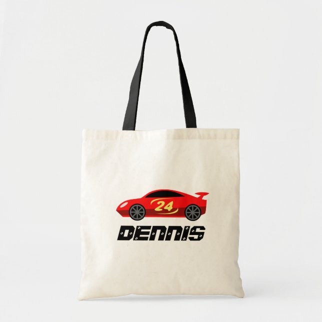 Personalised kid's tote bag with cute toy race car (Front)