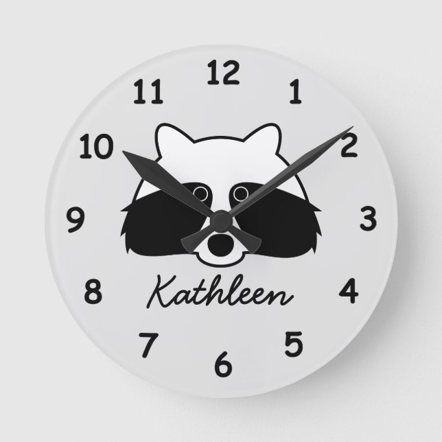 Personalised kid's wall clock with cute racoon (Front)