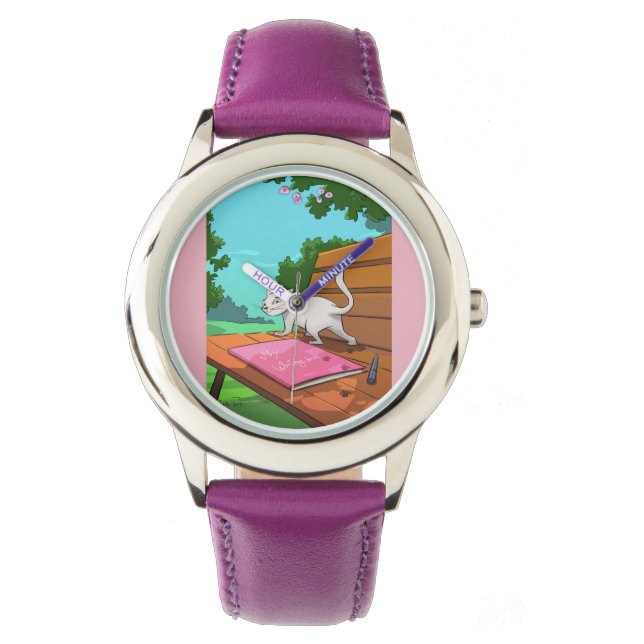 Personalised Kids Watch - Cat on the Bench Design (Front)