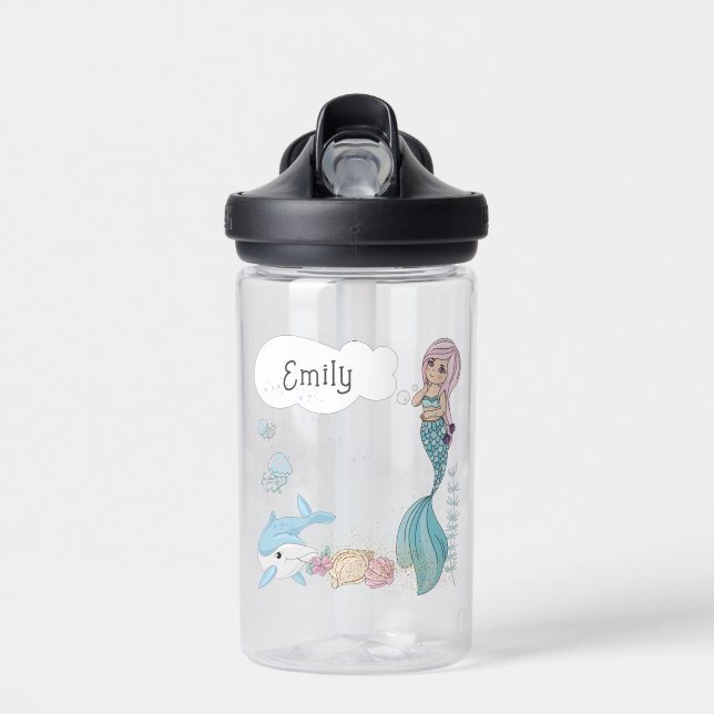 Personalised Kids Water Bottle W/Name - Mermaid (Front)