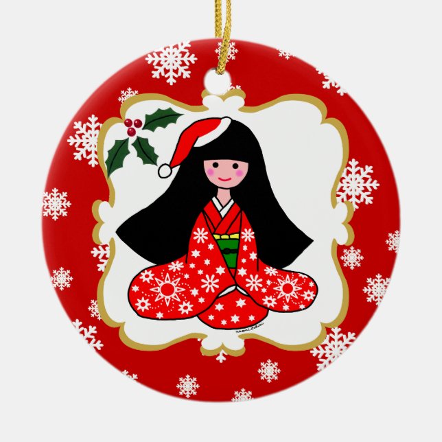 Personalised Kimono Girl Christmas Cartoon Ceramic Tree Decoration (Front)