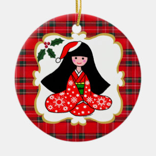 Personalised Kimono Girl Christmas Cartoon Ceramic Tree Decoration
