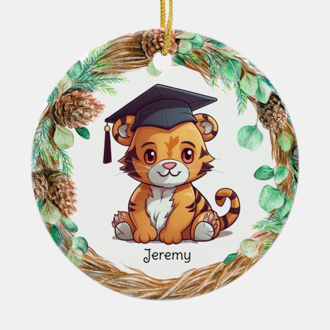 Personalised Kindergarten Graduation Tiger Cub Ceramic Tree Decoration (Front)