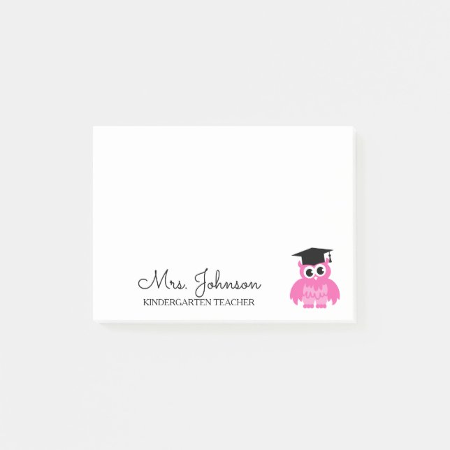 Personalised kindergarten school teacher pink owl post-it notes (Front)