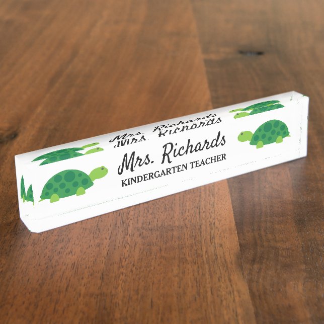 Personalised kindergarten teacher green turtle nameplate (Side)