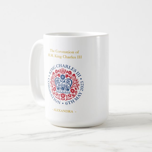 Personalised King Charles III Coronation Emblem Coffee Mug (Front Left)