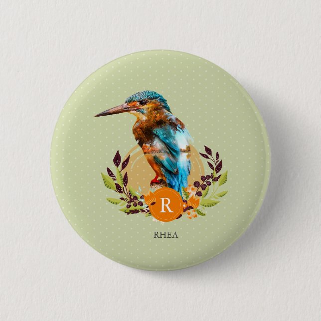 Personalised Kingfisher and Floral Design. 6 Cm Round Badge (Front)