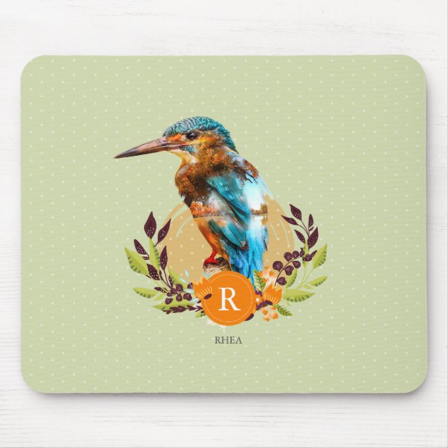 Personalised Kingfisher and Floral Design. Mouse Mat (Front)