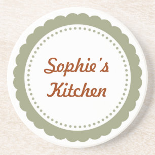 Personalised kitchen coaster dull green scallop