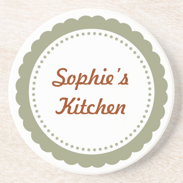 Personalised kitchen coaster dull green scallop (Front)