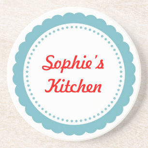 Personalised kitchen coaster pale blue scallop