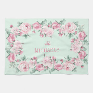 Personalised kitchen towel pink mint floral