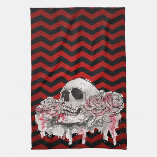Personalised Kitchen Towel skull Rose goth Chevron