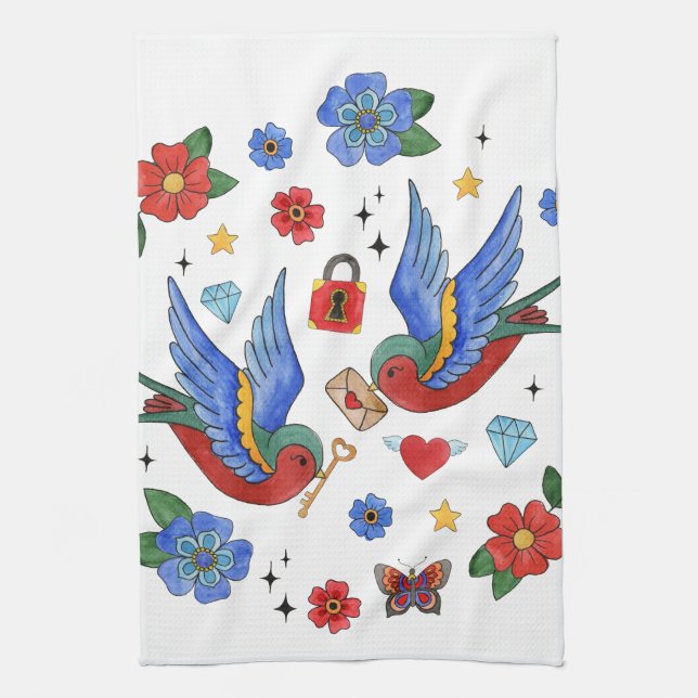 Personalised Kitchen Towel Traditional Bird Tattoo (Vertical)