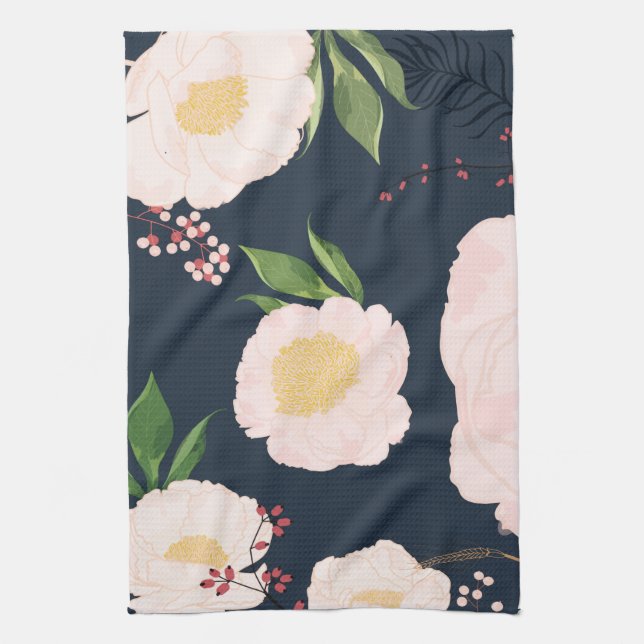 Personalised Kitchen Towel White Floral Flowers on (Vertical)