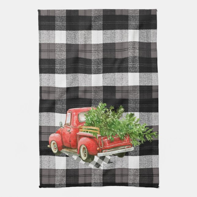 Personalised Kitchen Towel XMAS Truck Baffalo Plai (Vertical)