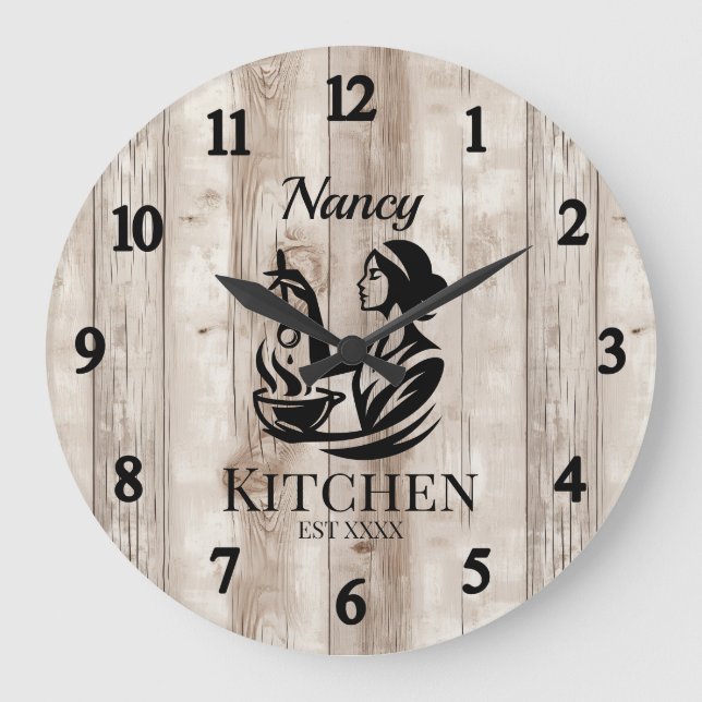 Personalised Kitchen Wall Clock with Wooden Design (Front)