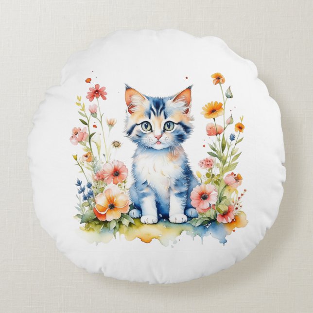 Personalised Kitten and Flowers Baby Name Round Cushion (Front)
