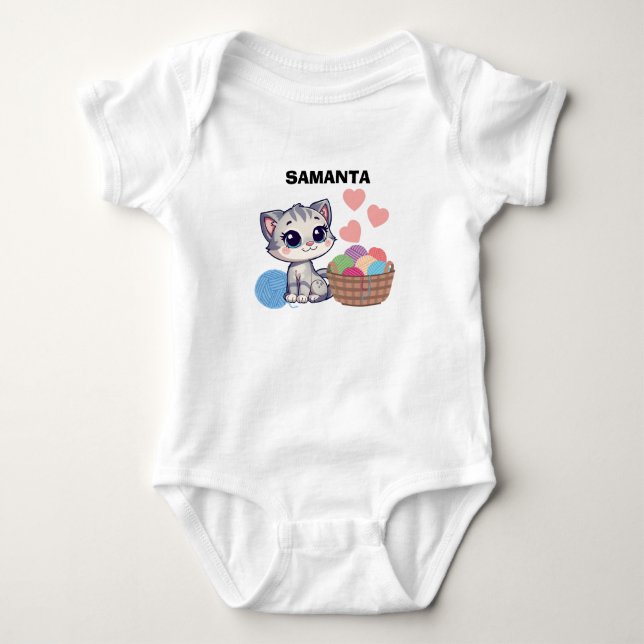  Personalised Kitten & Yarn Baby Bodysuit (Front)