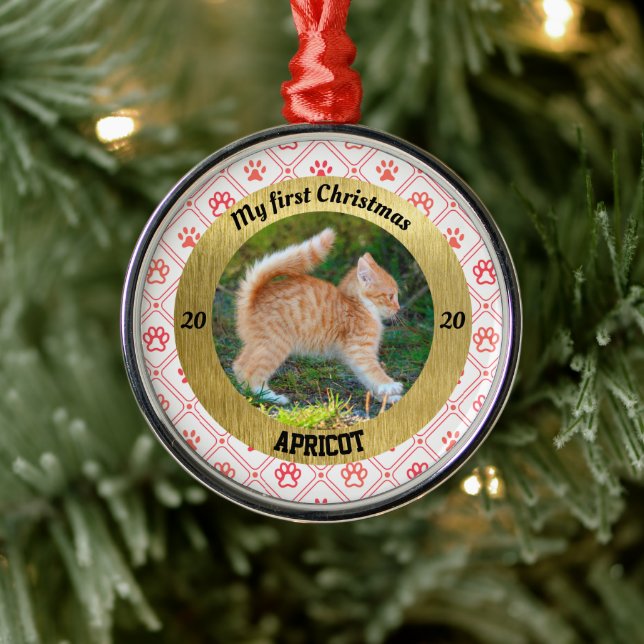 Personalised Kitten's First Christmas Photo Metal Tree Decoration (Tree)