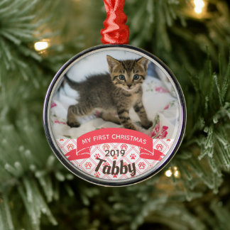 Personalised Kitten's First Christmas Photo Metal Tree Decoration