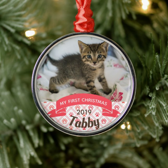 Personalised Kitten's First Christmas Photo Metal Tree Decoration (Tree)