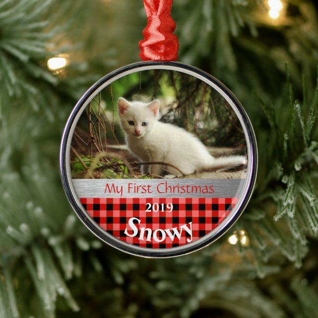 Personalised Kitten's First Christmas Photo Metal Tree Decoration (Tree)