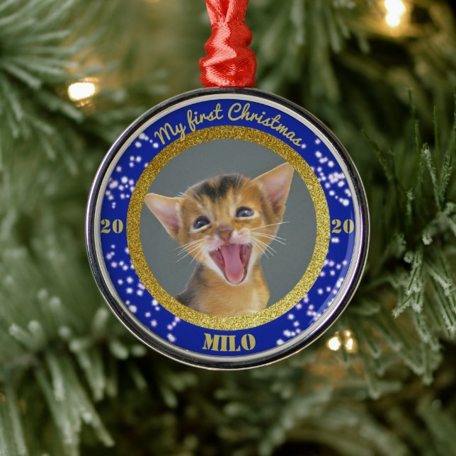 Personalised Kitten's First Christmas Photo Metal Tree Decoration (Tree)