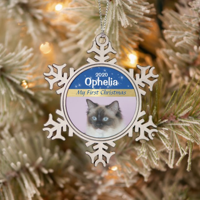 Personalised Kitten's First Christmas Photo Snowflake Pewter Christmas Ornament (Tree)