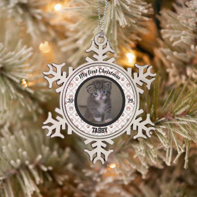 Personalised Kitten's First Christmas Photo Snowflake Pewter Christmas Ornament (Tree)