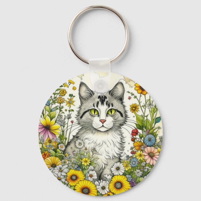 Personalised  Kitty Cat Sitting in Flowers  Key Ring (Front)