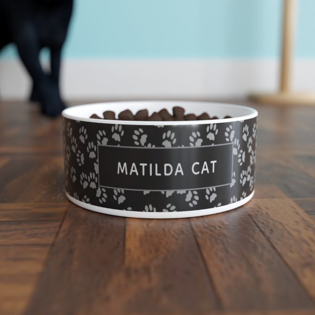 Personalised Kitty Paws Pawprint Black Cat Bowl (Creator Uploaded)