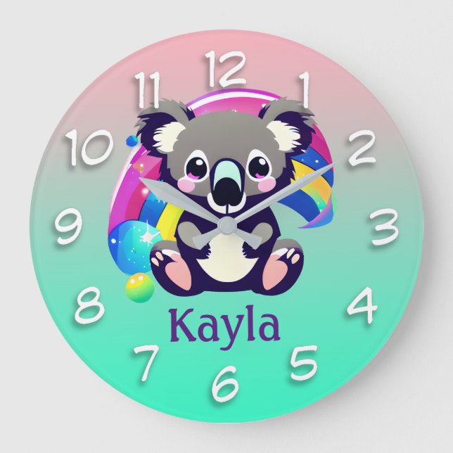 Personalised Koala Bear and Rainbow Large Clock (Front)