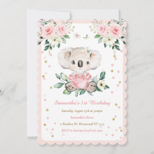 Personalised Koala Bear Girl 1st Birthday Invitation
