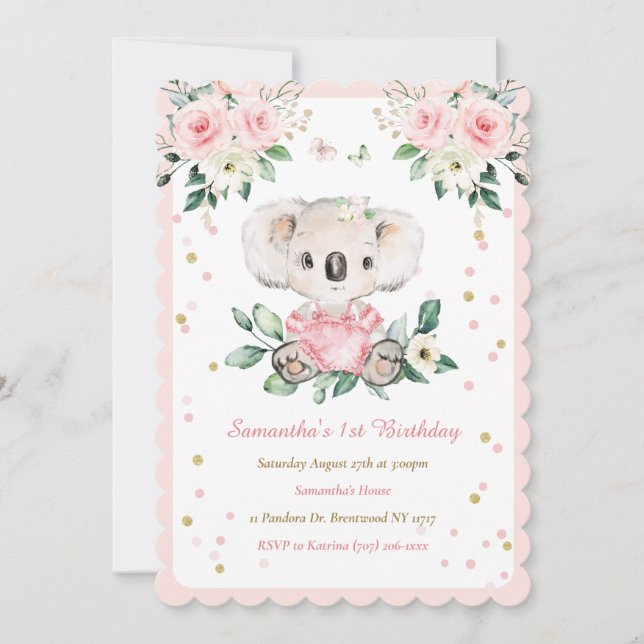 Personalised Koala Bear Girl 1st Birthday Invitation (Front)