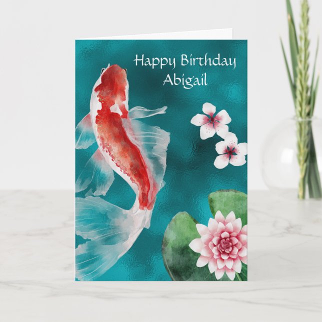 Personalised  Koi Fish, Cherry Blossoms Birthday Card (Front)