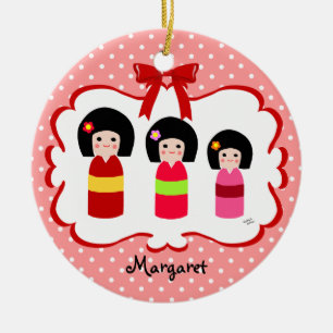 Personalised Kokeshi Sisters Polka Dot Ceramic Tree Decoration