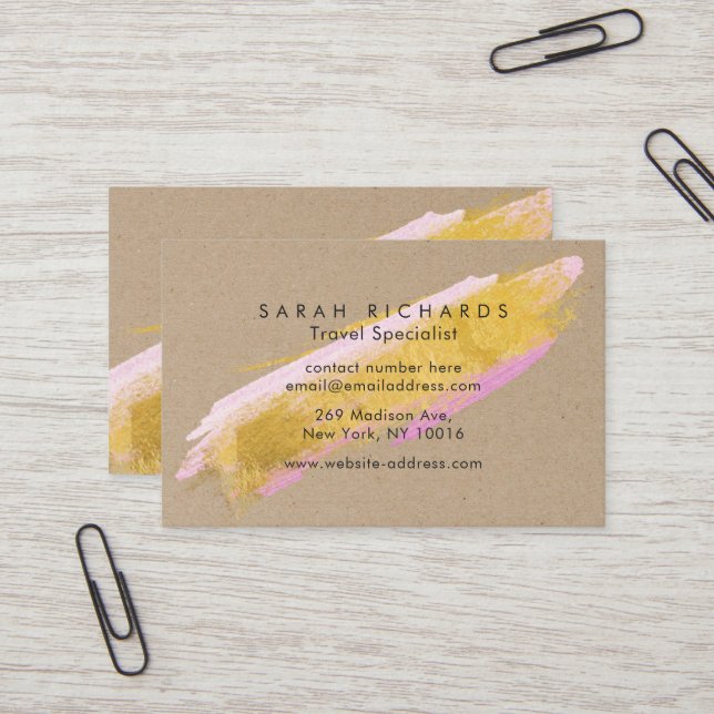 Personalised Kraft Gold Pink Brush Business Cards (Front/Back In Situ)