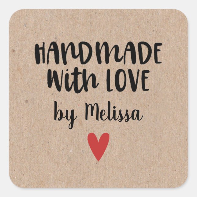 Personalised Kraft Handmade With Love Square Sticker (Front)