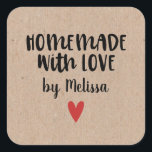 Personalised Kraft Homemade With Love Square Stick Square Sticker<br><div class="desc">A personalised 3 inch square "homemade with love" sticker on a kraft background. Make it yours by adding your own name. A pretty finishing touch for all of your handmade gifts. Designed for you by Blackberry Boulevard.</div>