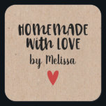 Personalised Kraft Homemade With Love Square Stick Square Sticker<br><div class="desc">A personalised 3 inch square "homemade with love" sticker on a kraft background. Make it yours by adding your own name. A pretty finishing touch for all of your handmade gifts. Designed for you by Blackberry Boulevard.</div>