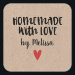 Personalised Kraft Homemade With Love Square Stick Sticker<br><div class="desc">A personalised 3 inch square "homemade with love" sticker on a kraft background. Make it yours by adding your own name. A pretty finishing touch for all of your handmade gifts. Designed for you by Blackberry Boulevard.</div>
