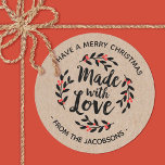 Personalised Kraft Made With Love Christmas Label<br><div class="desc">A personalised "made with love" sticker on a kraft coloured background. Features a pretty berry wreath and the words "made with love" in an elegant script font.  A pretty finishing touch for all of your handmade gifts. Designed for you by Blackberry Boulevard.</div>