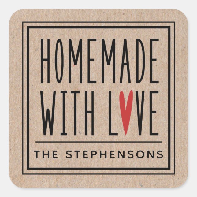 Personalised Kraft Made With Love Square Sticker (Front)