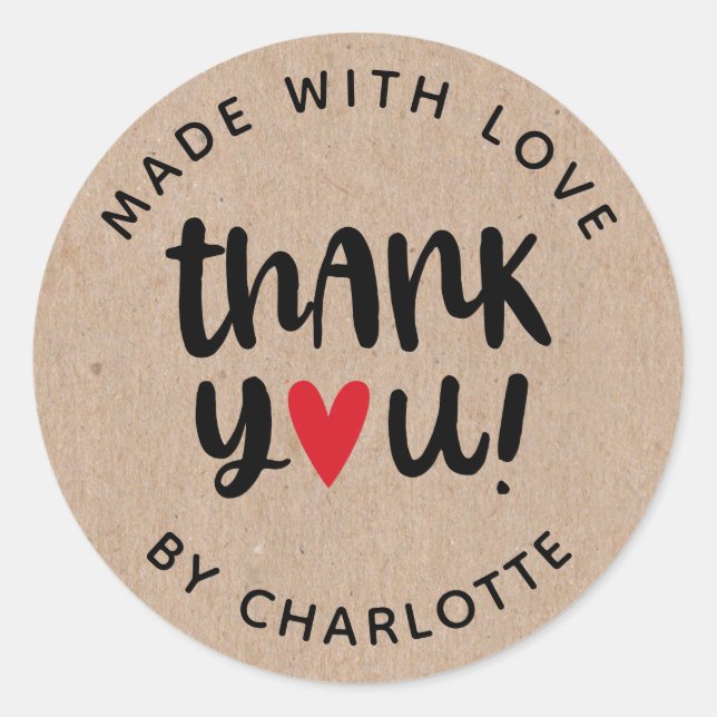 Personalised Kraft Made With Love Thank You Classic Round Sticker (Front)