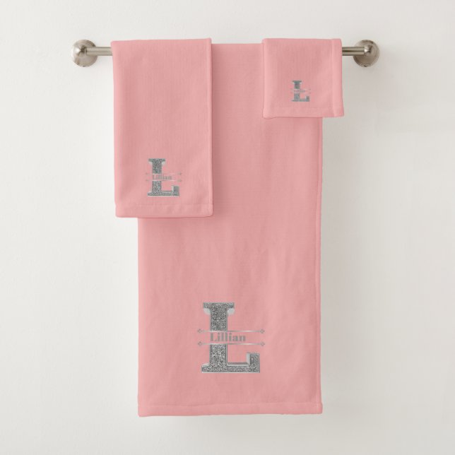 Personalised L Initial Silver Monogram Your Name Bath Towel Set (Insitu)