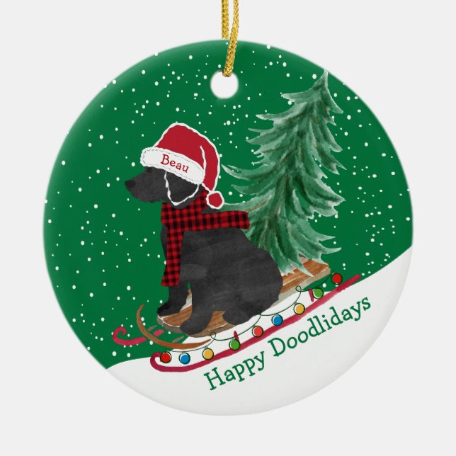 Personalised Labradoodle Christmas Snow Sled Ceramic Tree Decoration (Front)